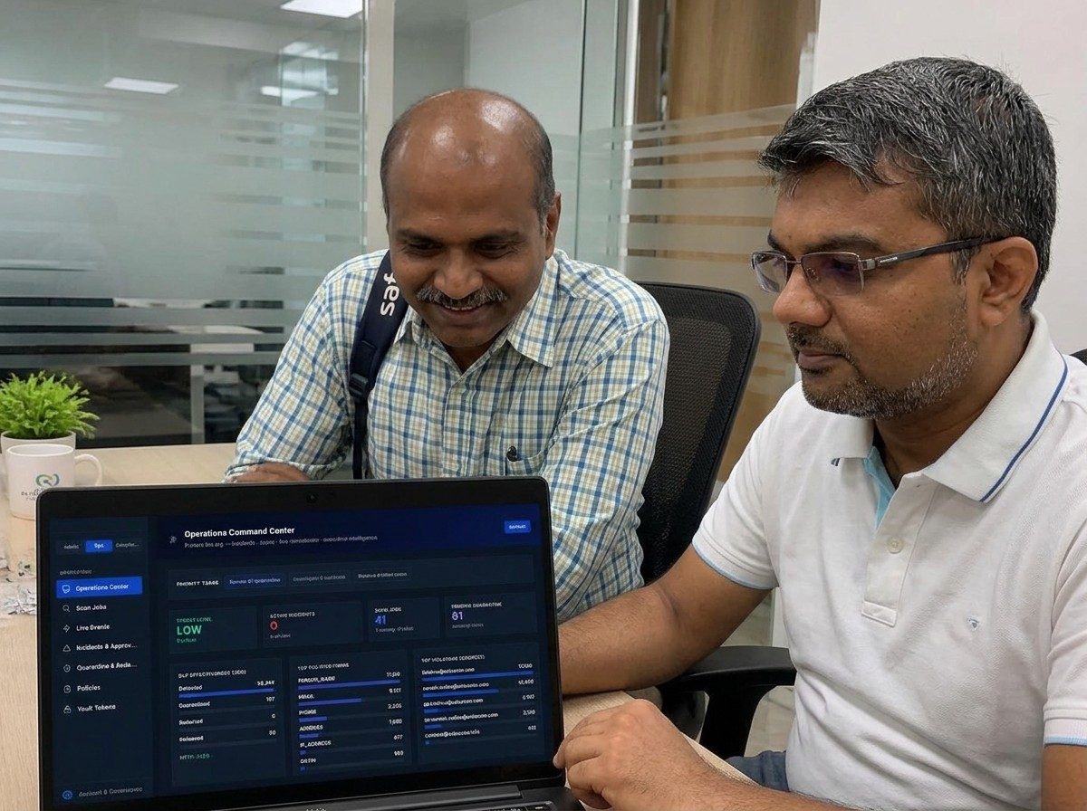 Two security practitioners reviewing the Guard Operations Command Center together