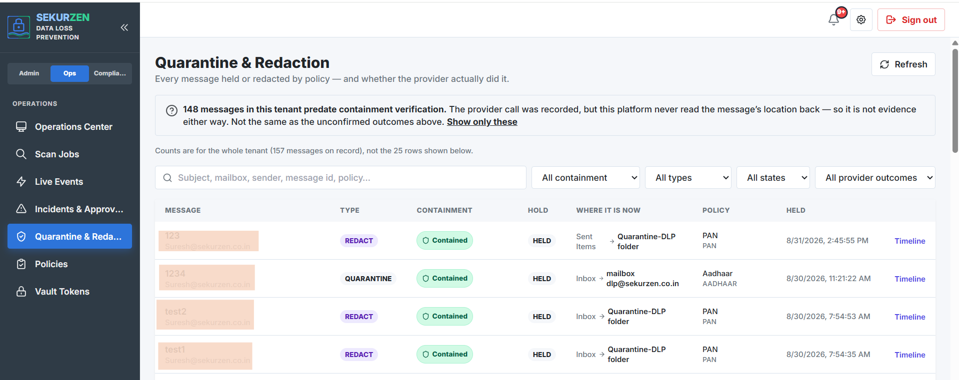 Guard Quarantine and Redaction screen showing contained messages, policy types, and remediation status