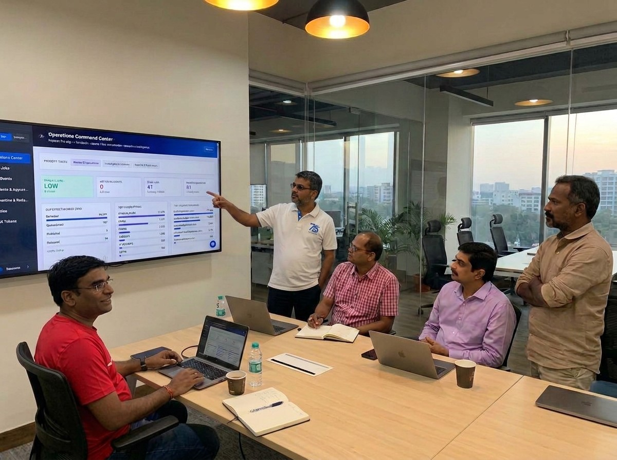 Sekurzen team reviewing the Guard Operations Command Center together in a meeting room