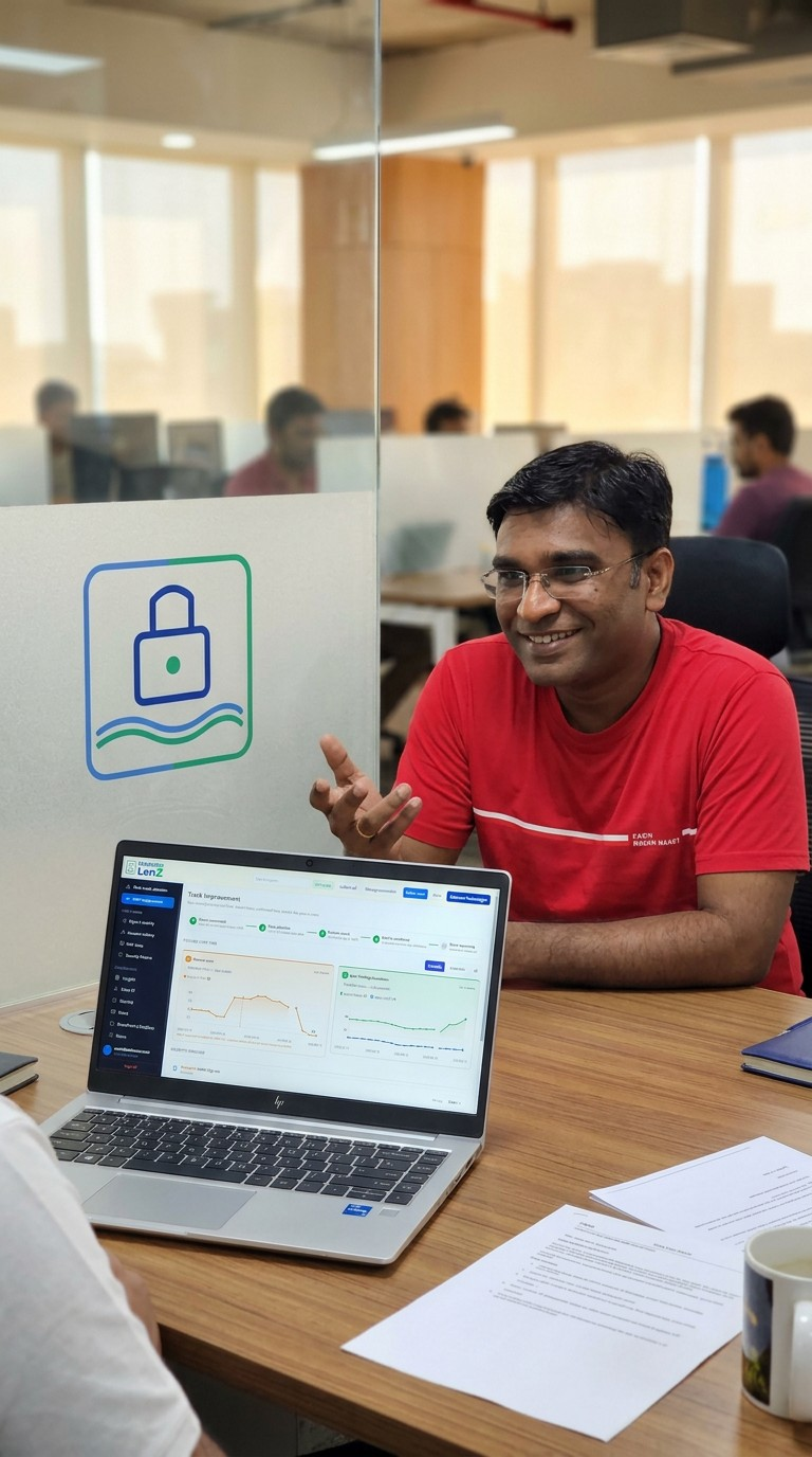 Magu discussing Microsoft 365 security posture with the Lenz dashboard open on a laptop
